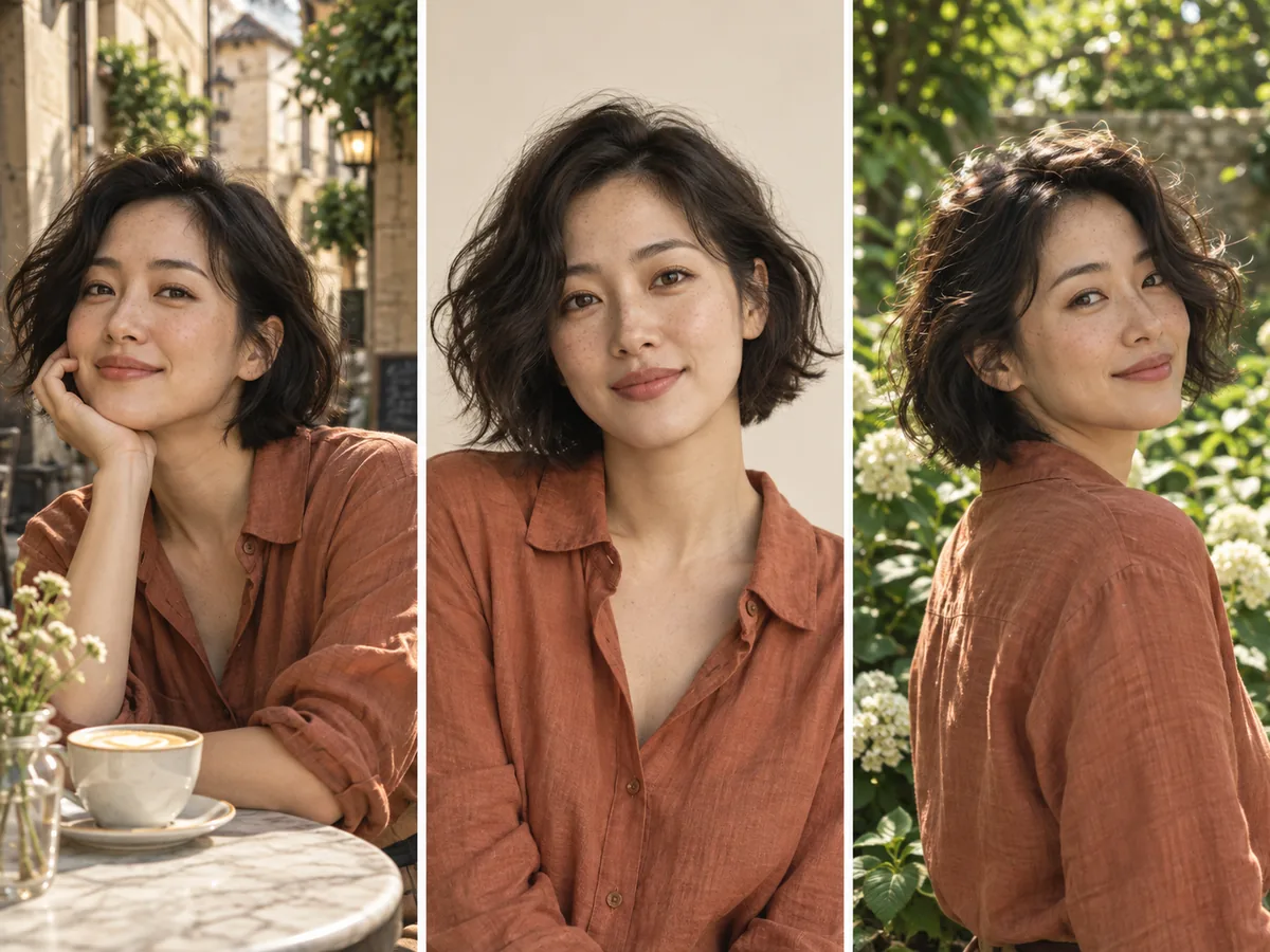 The same woman in a terracotta shirt pictured in a cafe street, studio and garden