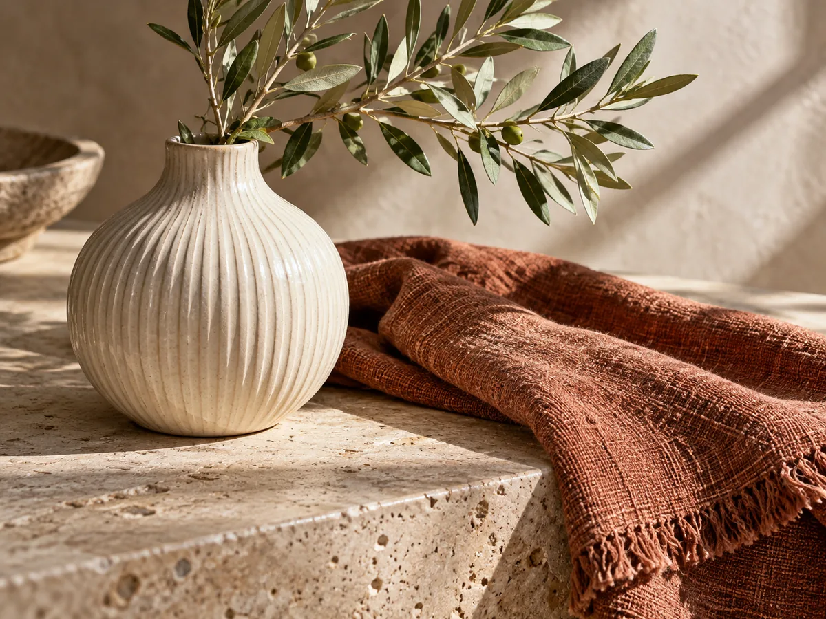Detailed still life of a ribbed ceramic vase, olive leaves and woven linen on travertine